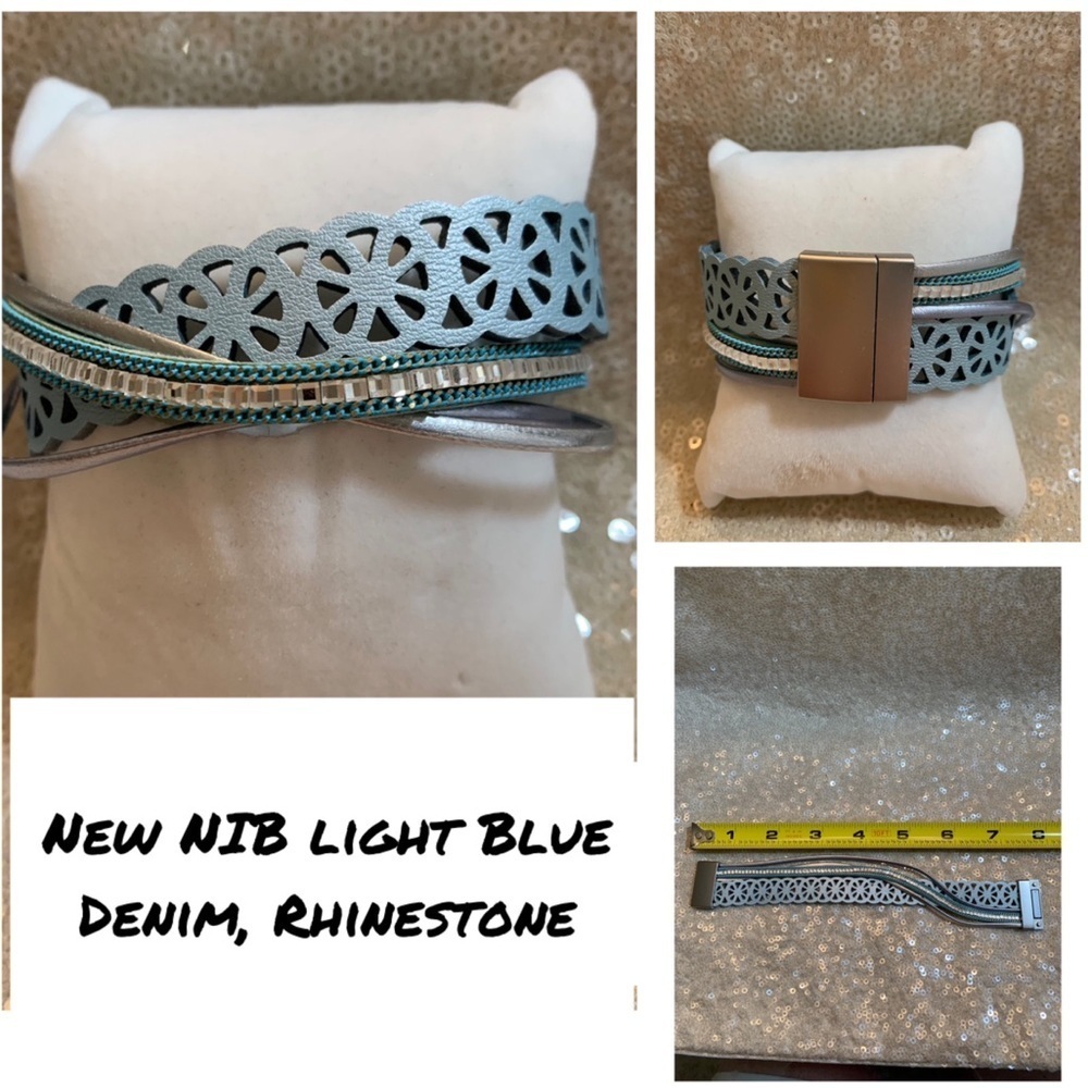New NIB light blue denim & silver rhinestone wrap bracelet